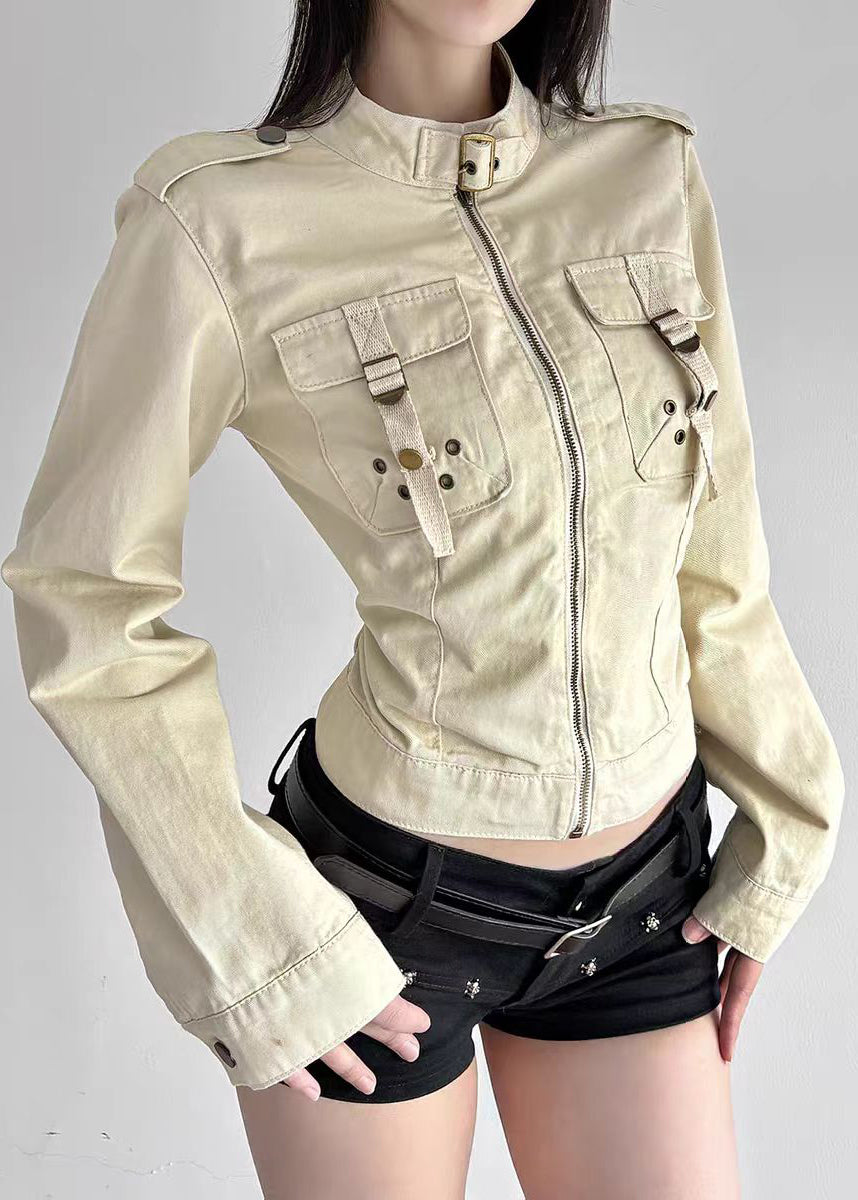 Boutique Khaki Stand Collar Zip Up Pockets Cotton Jackets Fall