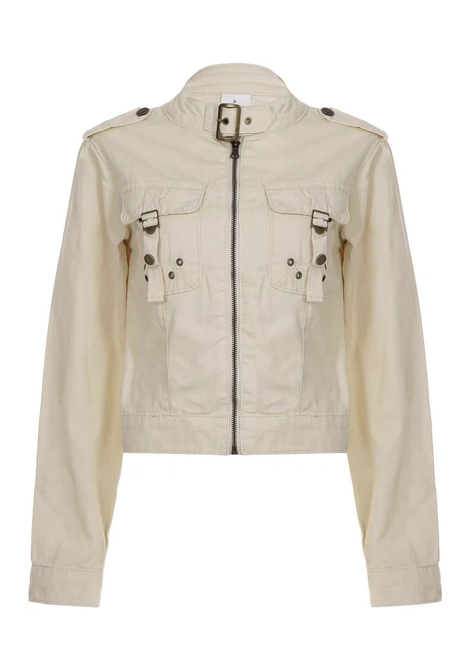 Boutique Khaki Stand Collar Zip Up Pockets Cotton Jackets Fall
