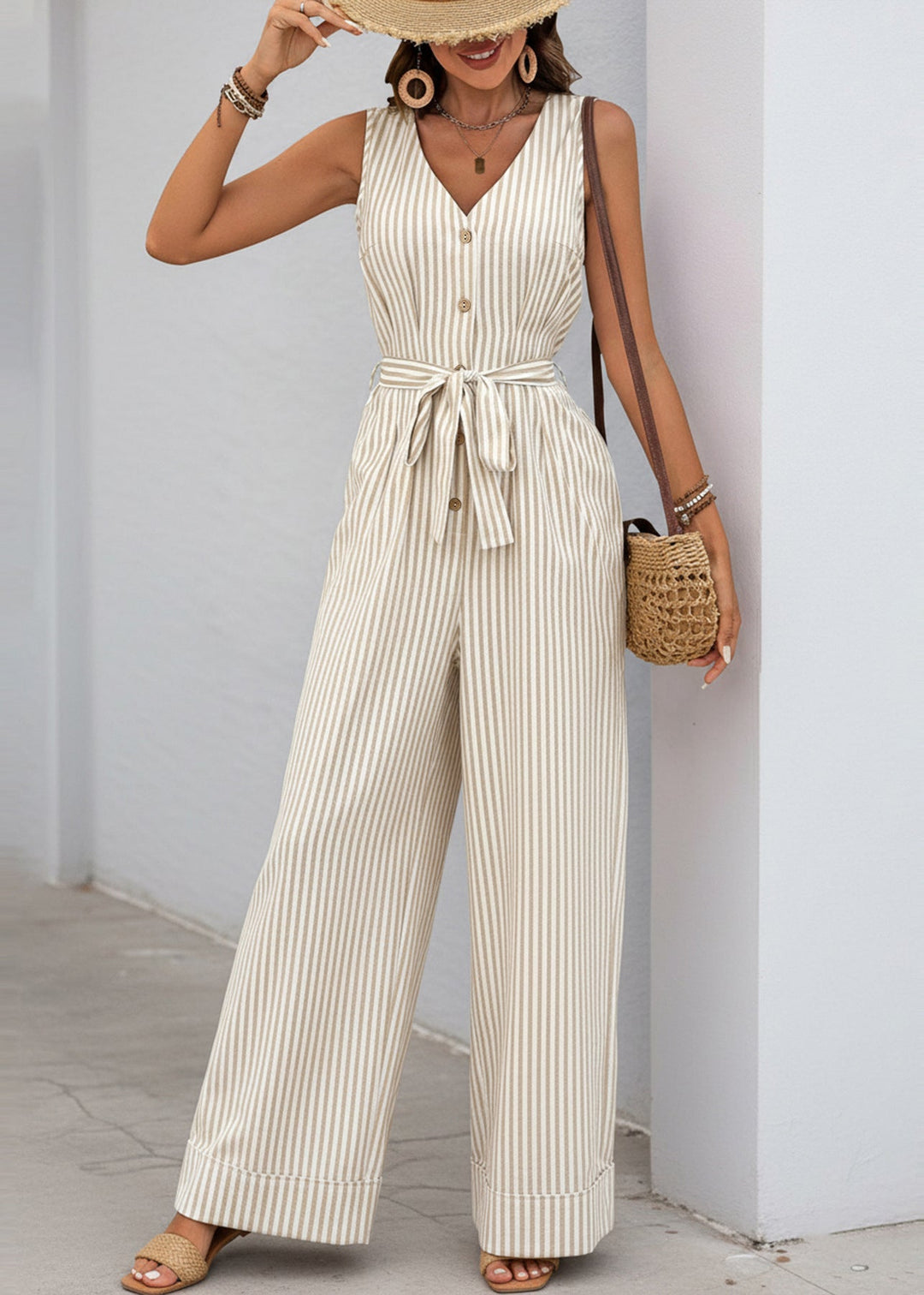 Boutique Khaki V Neck Striped Pockets Cotton Jumpsuits Summer