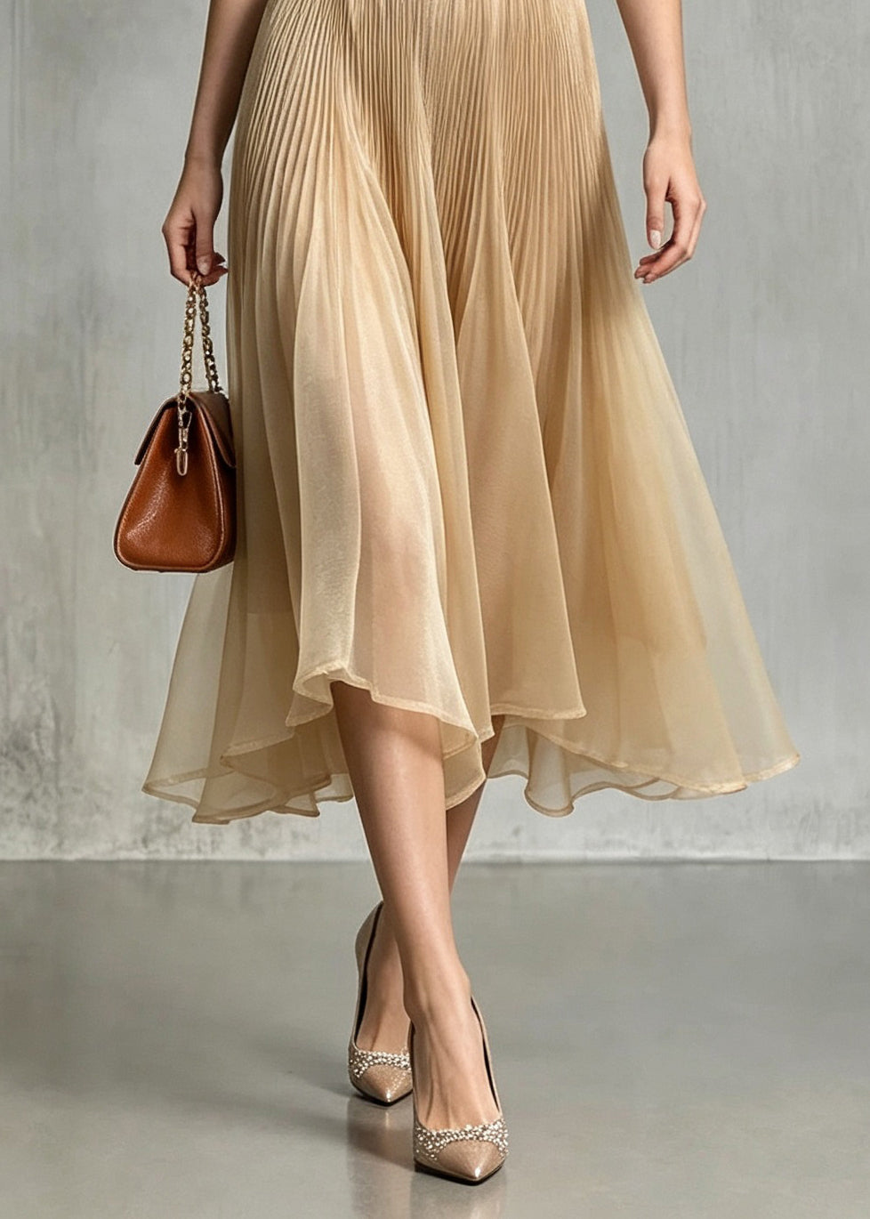 Boutique Khaki Wrinkled Asymmetrical Elastic Waist Tulle Skirt Fall