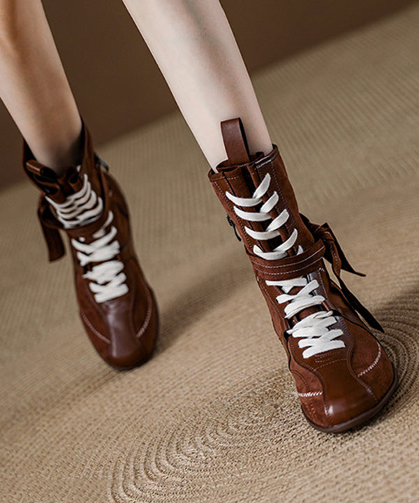 Boutique Lace Up Splicing Boots Brown Suede