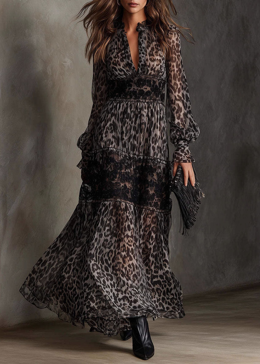 Boutique Leopard V Neck Print Lace Chiffon Ankle Dress Summer