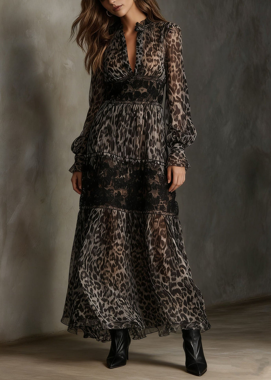 Boutique Leopard V Neck Print Lace Chiffon Ankle Dress Summer