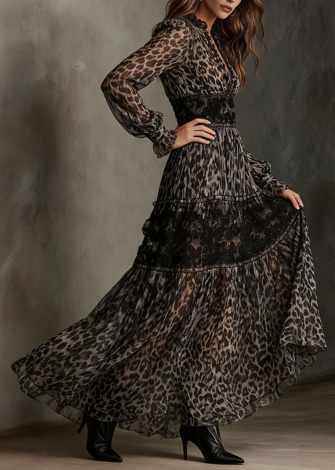 Boutique Leopard V Neck Print Lace Chiffon Ankle Dress Summer