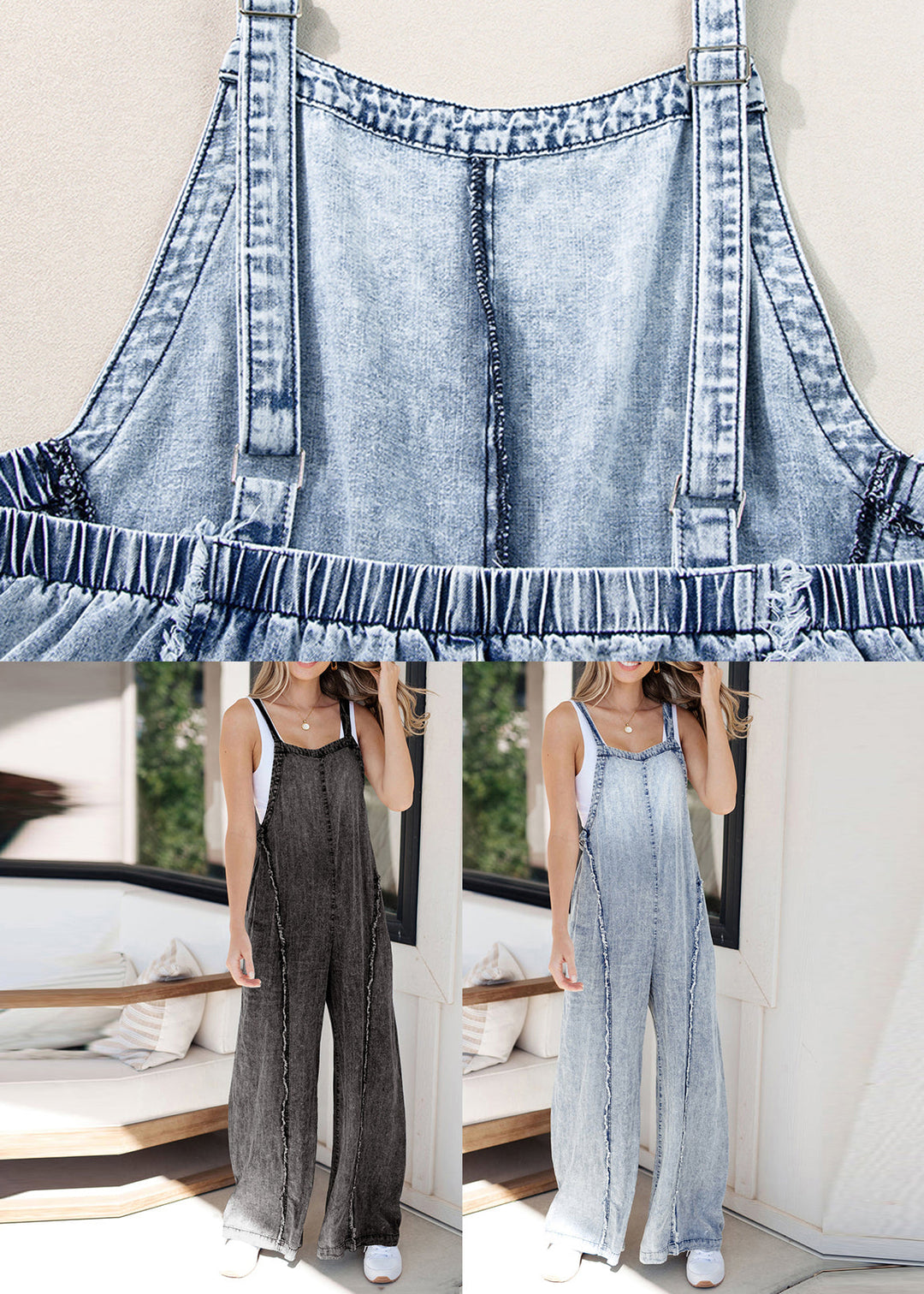 Boutique Light Blue Patchwork Denim Wide Leg Jumpsuits Sleeveless