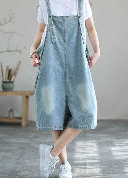 Boutique Light Blue Pockets Denim Half Jumpsuits Summer