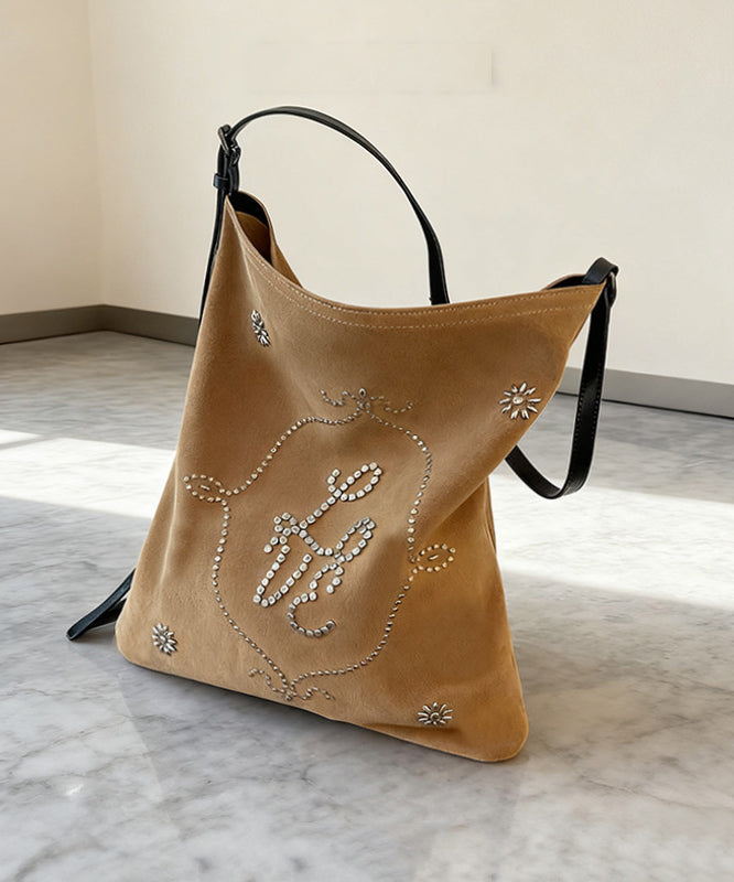 Boutique Light Camel Embroidered Large Capacity Suede Women Handbags