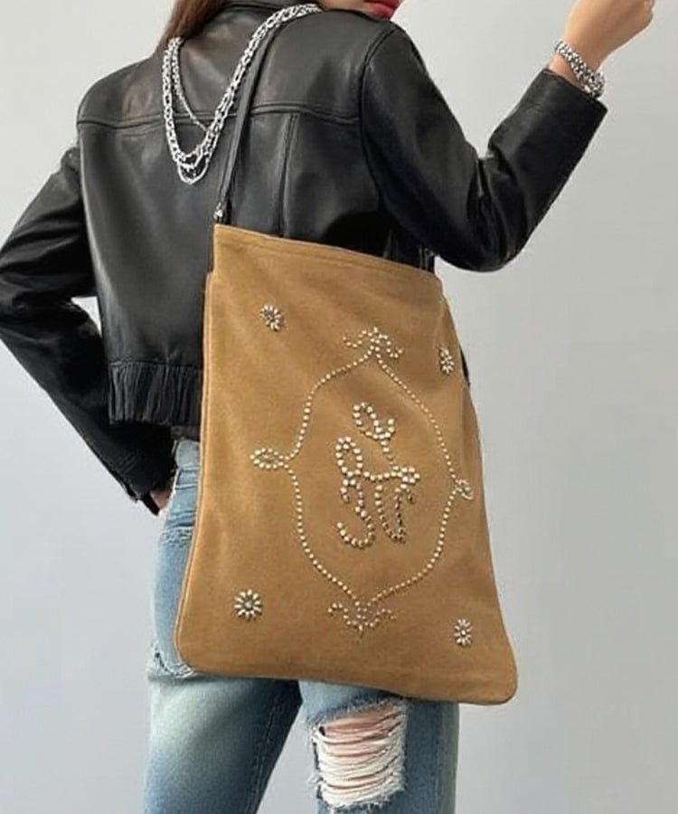 Boutique Light Camel Embroidered Large Capacity Suede Women Handbags