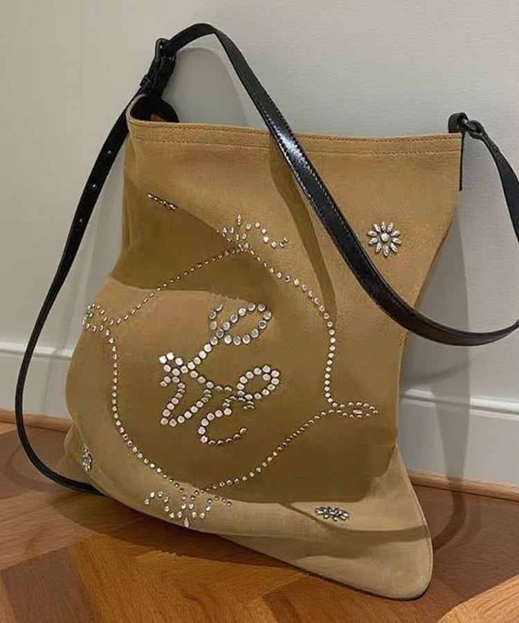 Boutique Light Camel Embroidered Large Capacity Suede Women Handbags