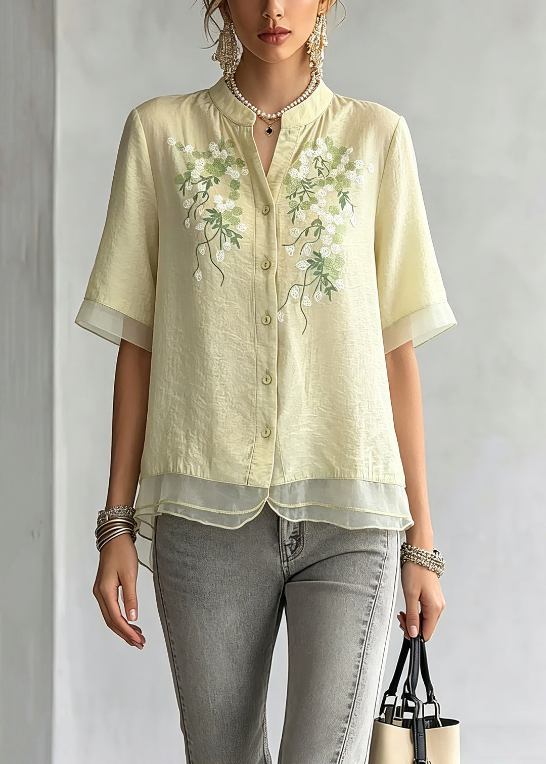 Boutique Light Green Embroidered Button Shirt Summer