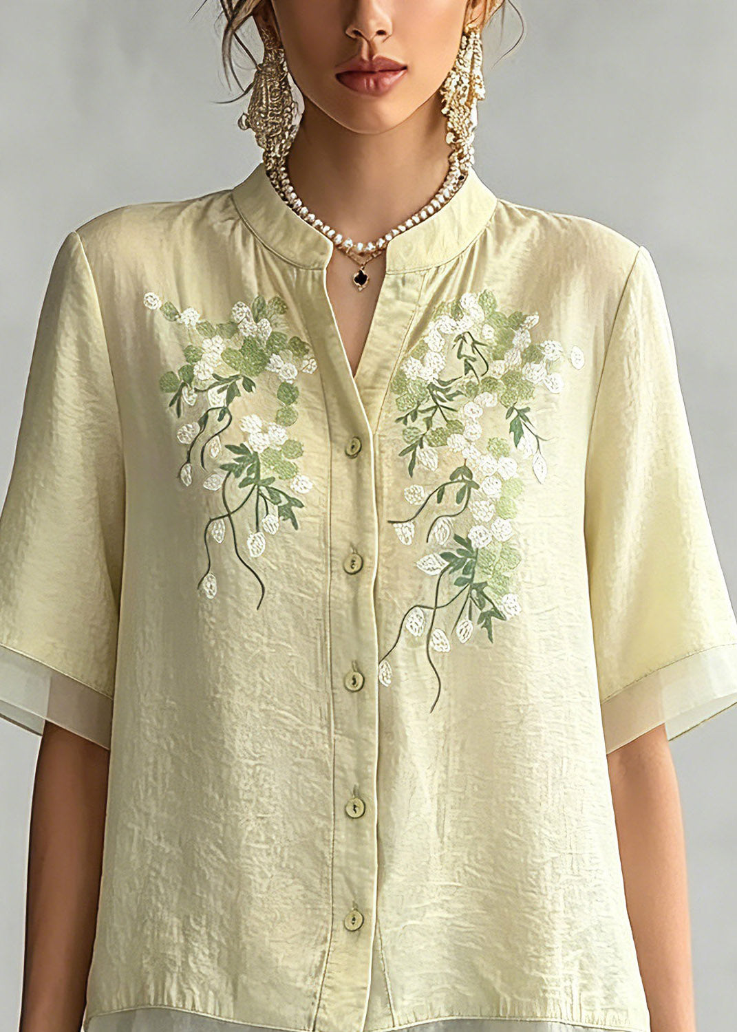 Boutique Light Green Embroidered Button Shirt Summer