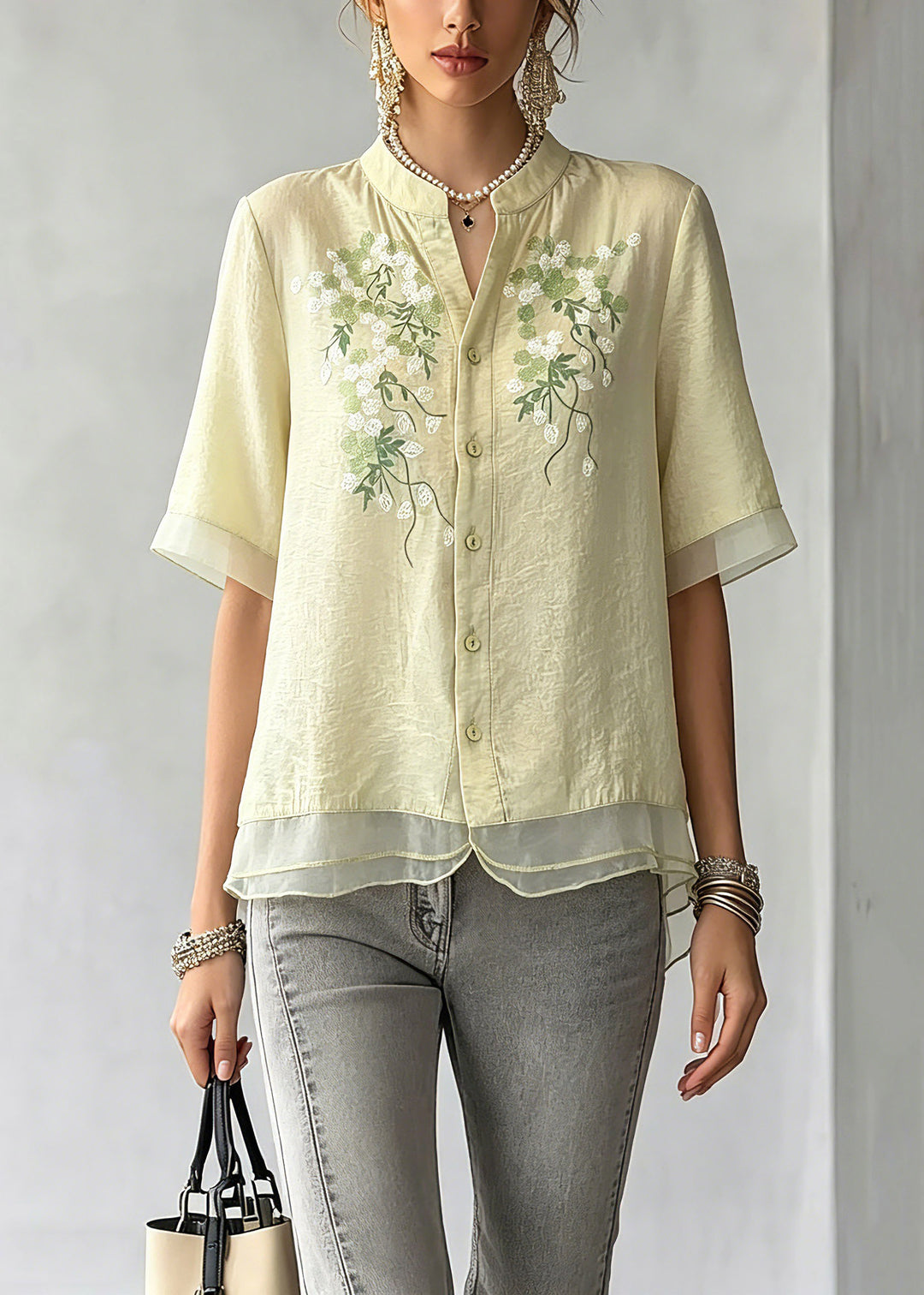 Boutique Light Green Embroidered Button Shirt Summer