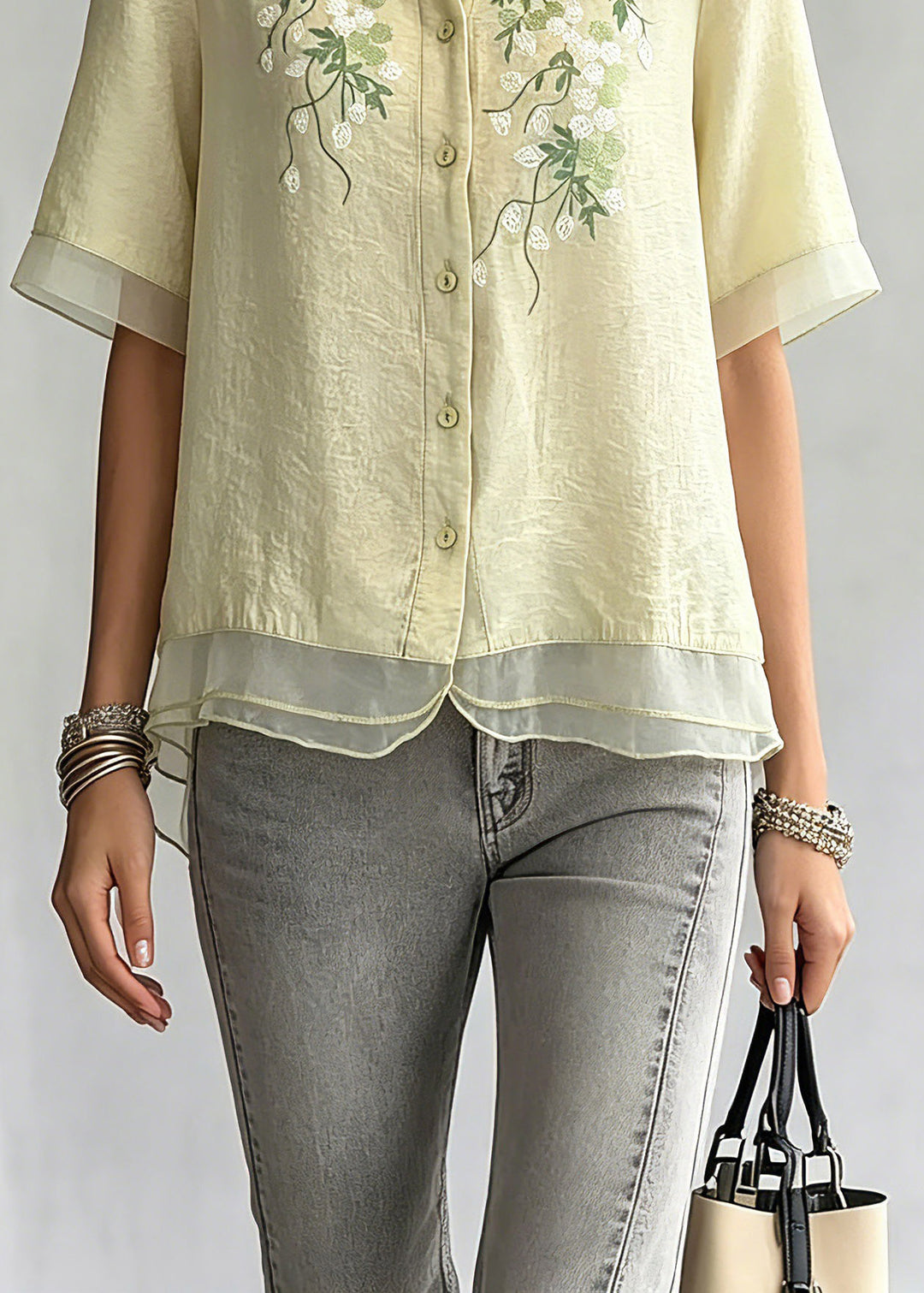 Boutique Light Green Embroidered Button Shirt Summer