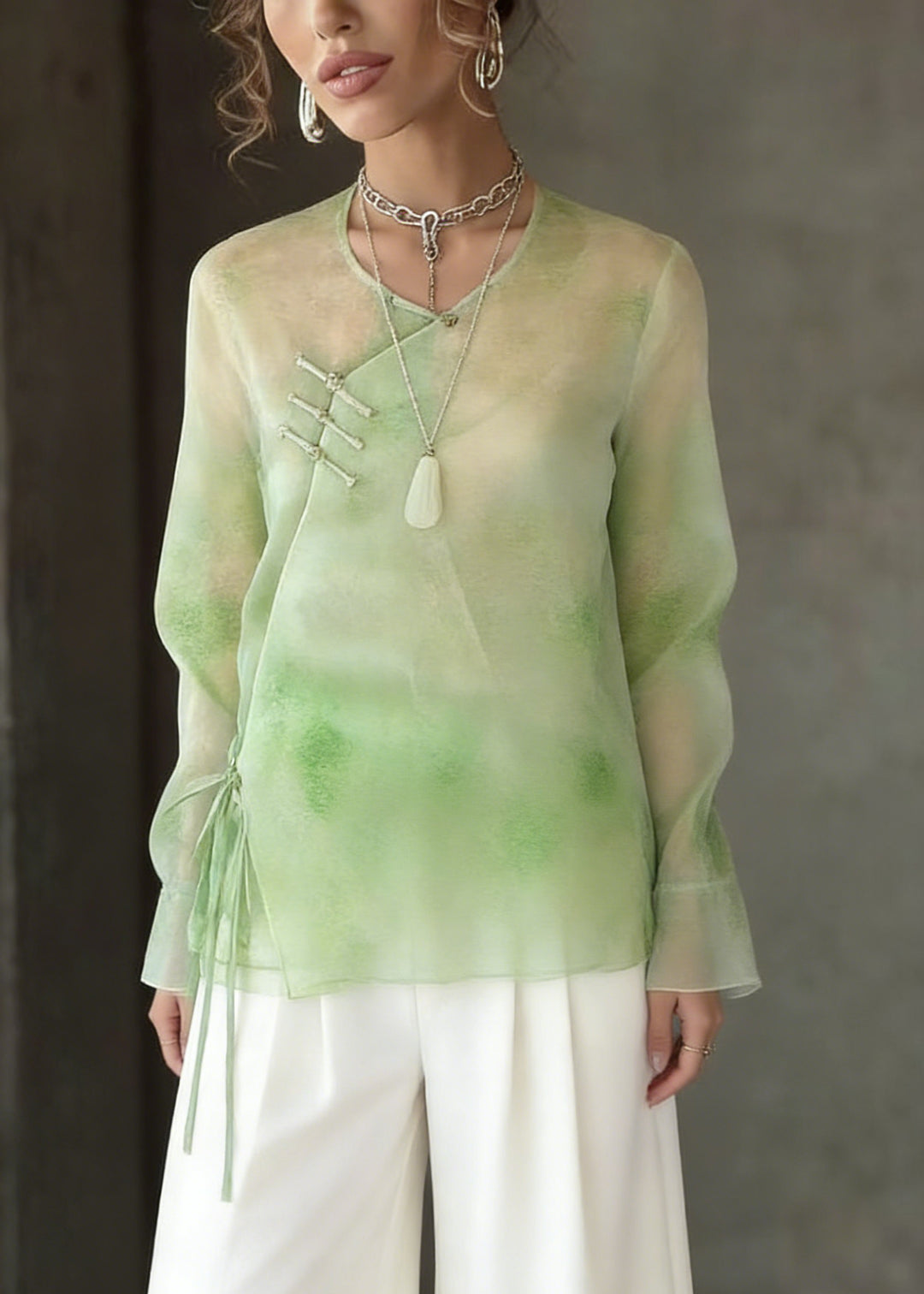 Boutique Light Green Tie Dye Tie Waist Silk Tops Flare Sleeve