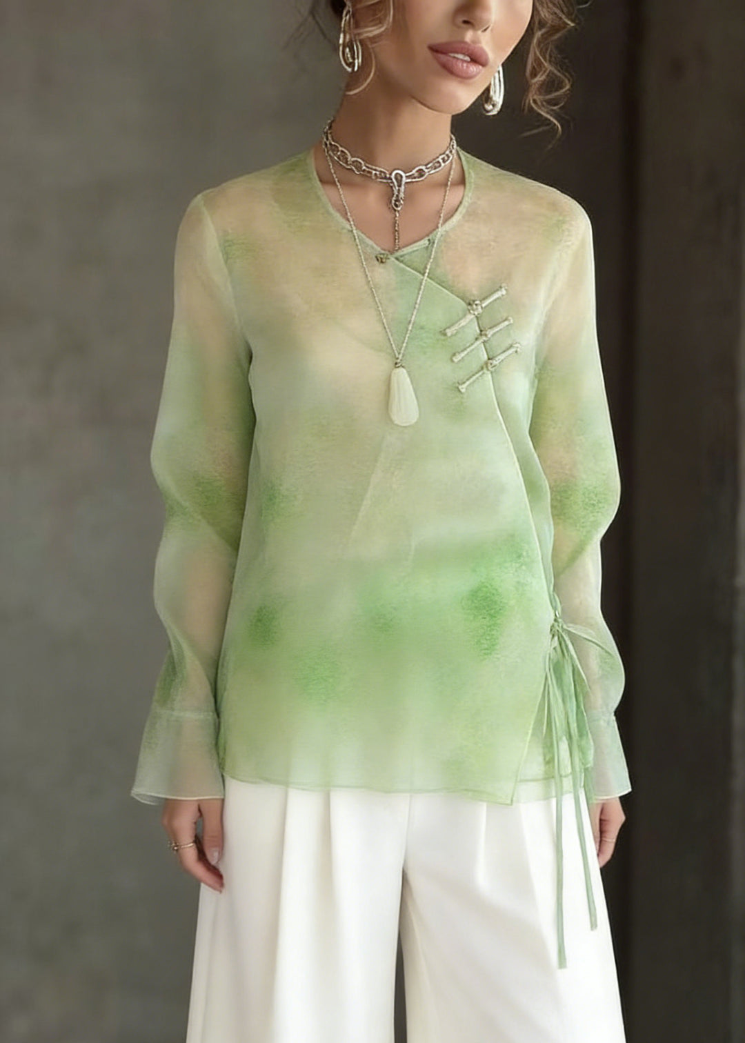 Boutique Light Green Tie Dye Tie Waist Silk Tops Flare Sleeve