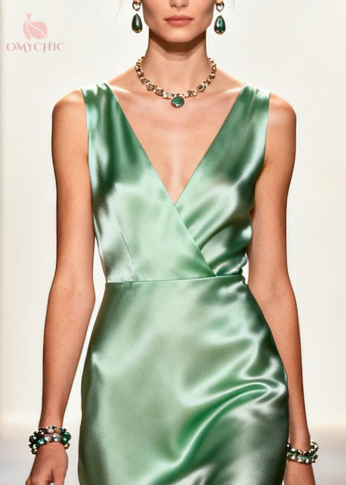 Boutique Light Green V Neck Patchwork Tulle Long Dresses Summer