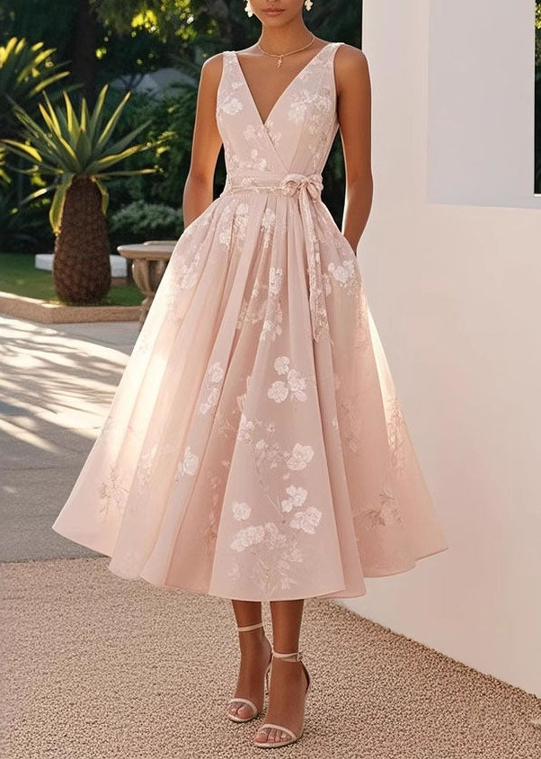 Boutique Light Pink V Neck Print Wrinkled Chiffon Maxi Dresses Sleeveless
