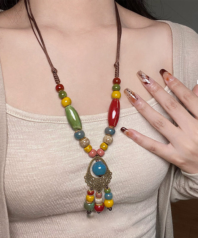 Boutique Multicolor Weave Ceramics Beading Tassel Sweater Pendant Necklace