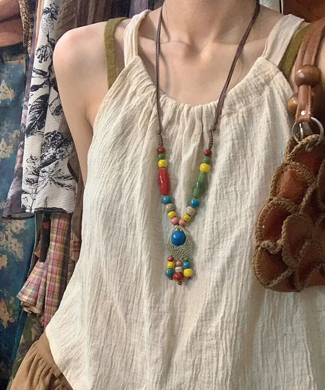 Boutique Multicolor Weave Ceramics Beading Tassel Sweater Pendant Necklace