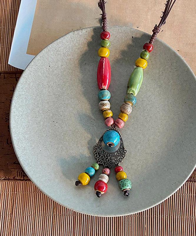 Boutique Multicolor Weave Ceramics Beading Tassel Sweater Pendant Necklace