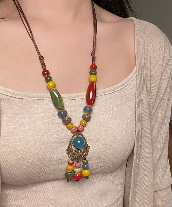 Boutique Multicolor Weave Ceramics Beading Tassel Sweater Pendant Necklace