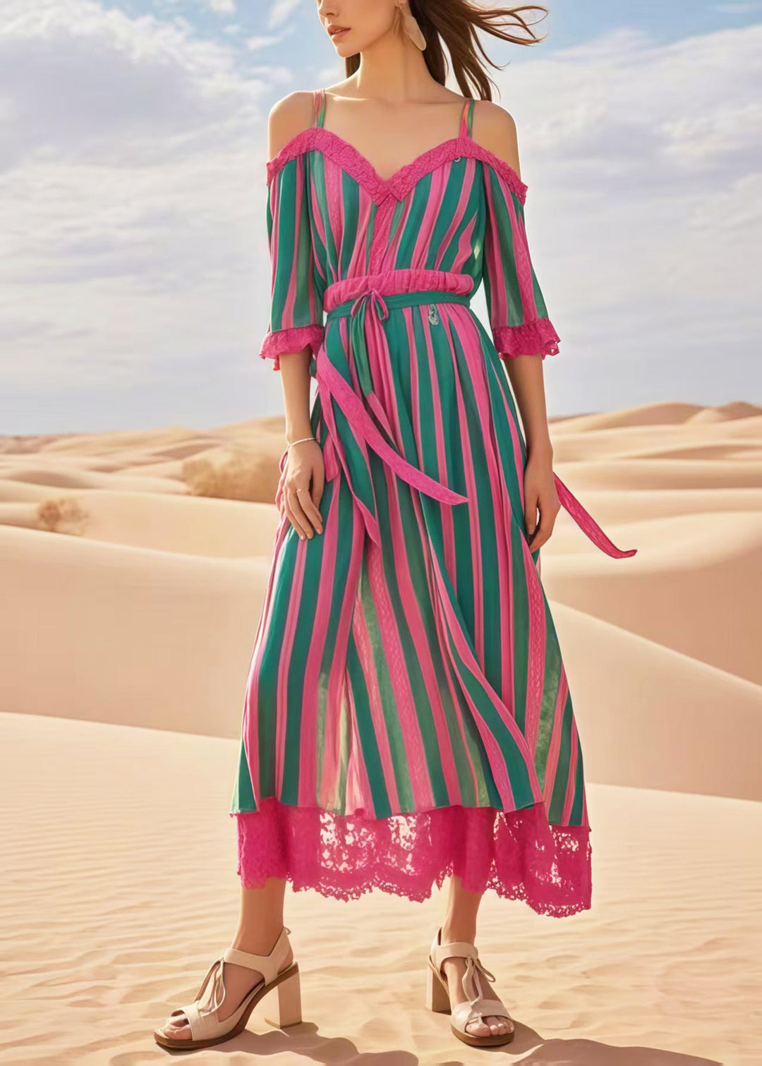 Boutique Multicolour Striped Backless Patchwork Lace Holiday Dresses Summer