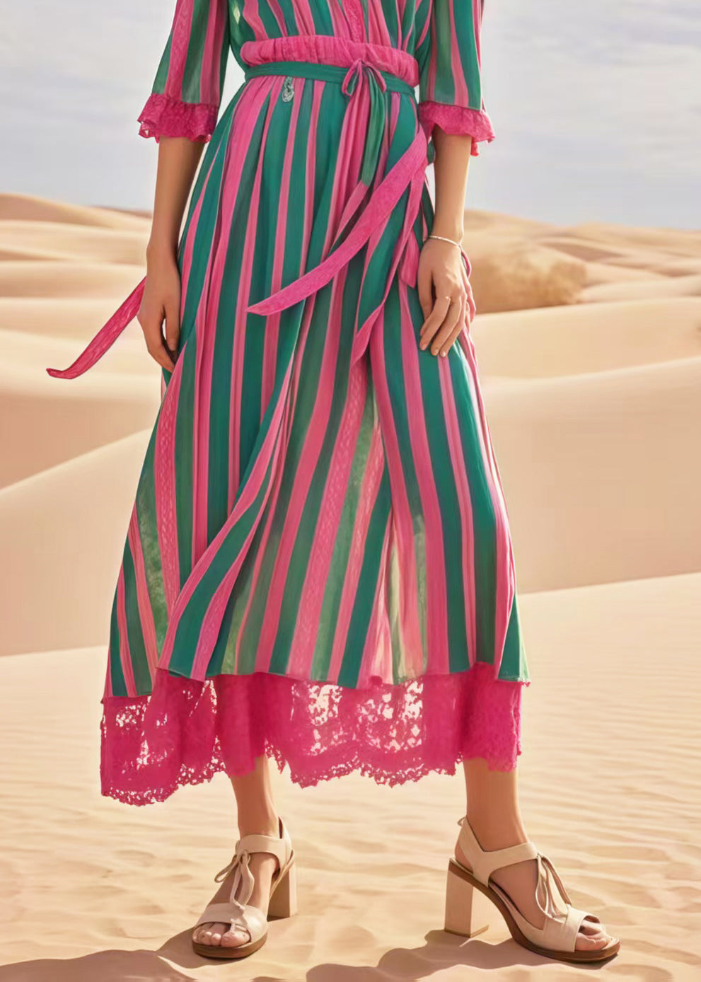 Boutique Multicolour Striped Backless Patchwork Lace Holiday Dresses Summer