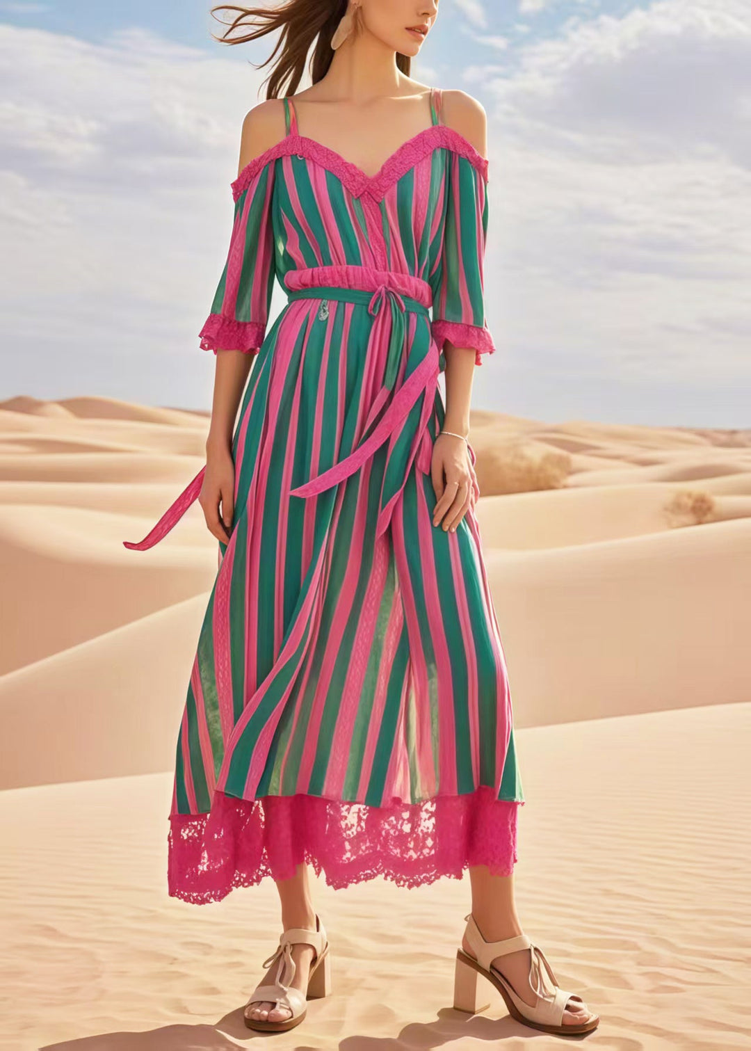 Boutique Multicolour Striped Backless Patchwork Lace Holiday Dresses Summer