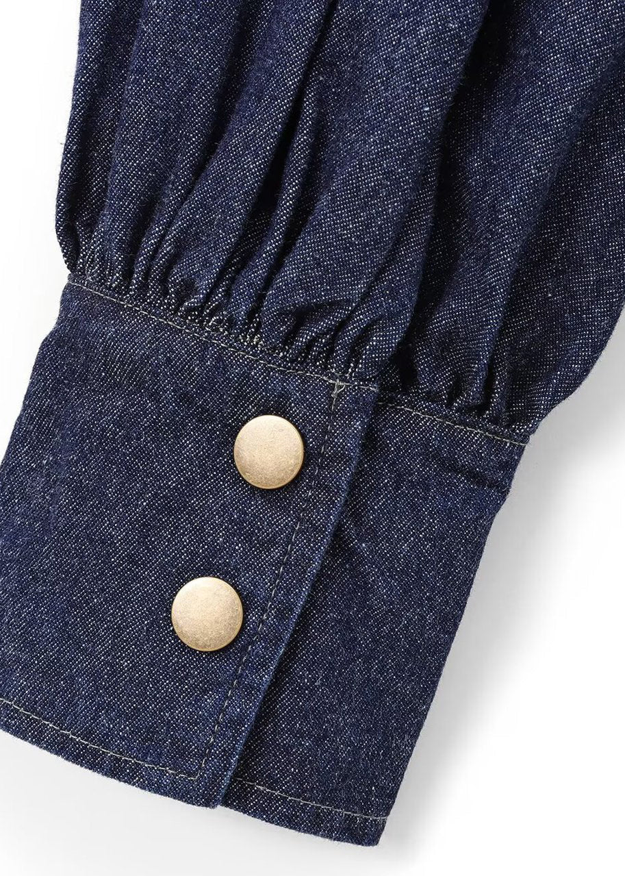 Boutique Navy Bow Denim Shirt Top Lantern Sleeve