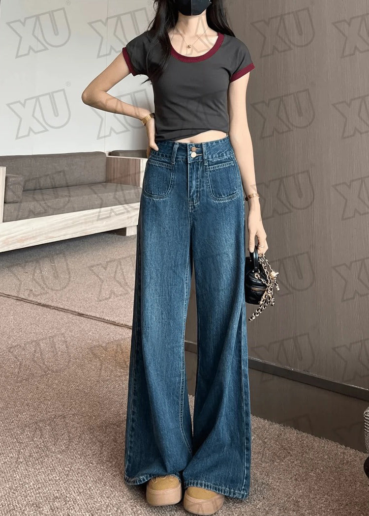 Boutique Navy High Waist Denim Straight Pants Fall