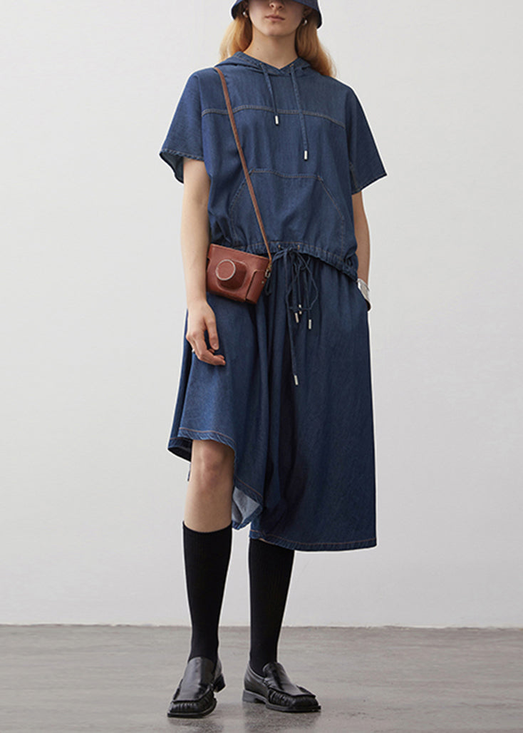 Boutique Navy Hooded Drawstring Patchwork Denim Two Pieces Set Summer