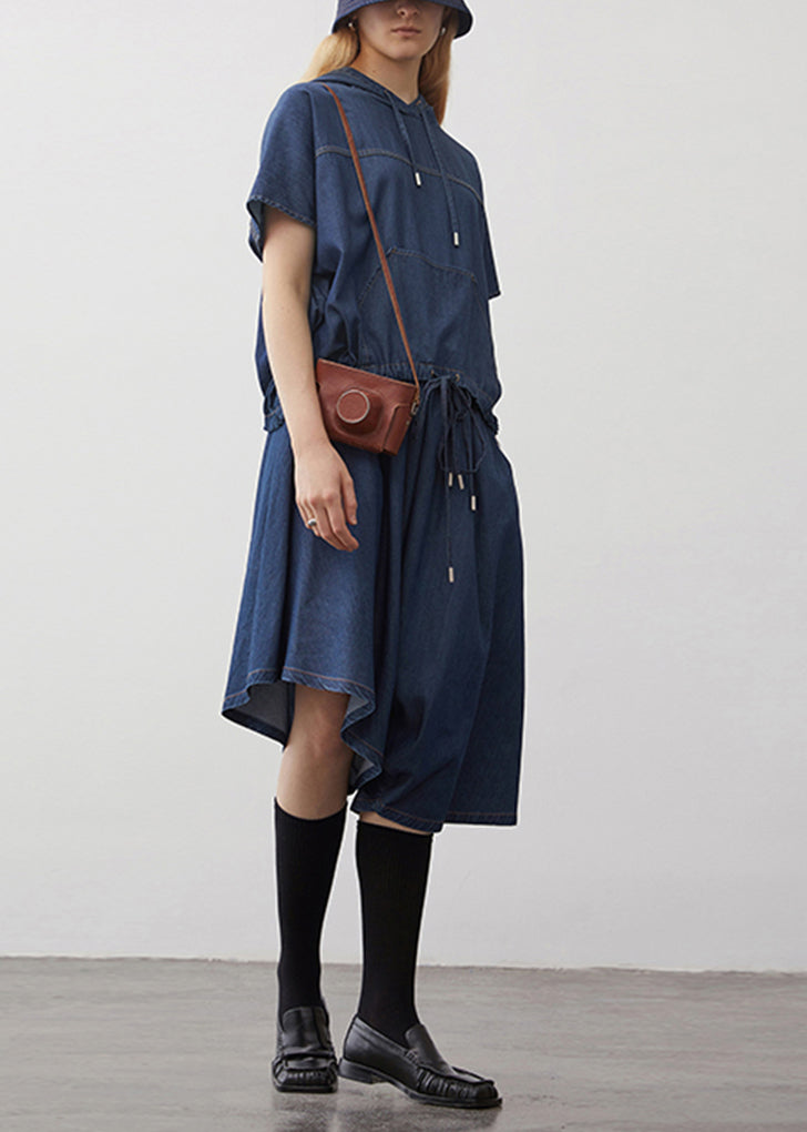 Boutique Navy Hooded Drawstring Patchwork Denim Two Pieces Set Summer
