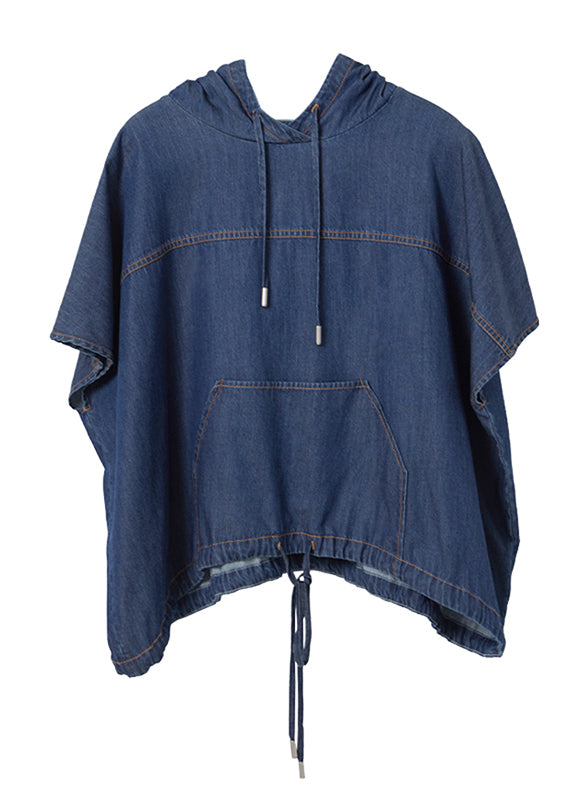 Boutique Navy Hooded Drawstring Patchwork Denim Two Pieces Set Summer