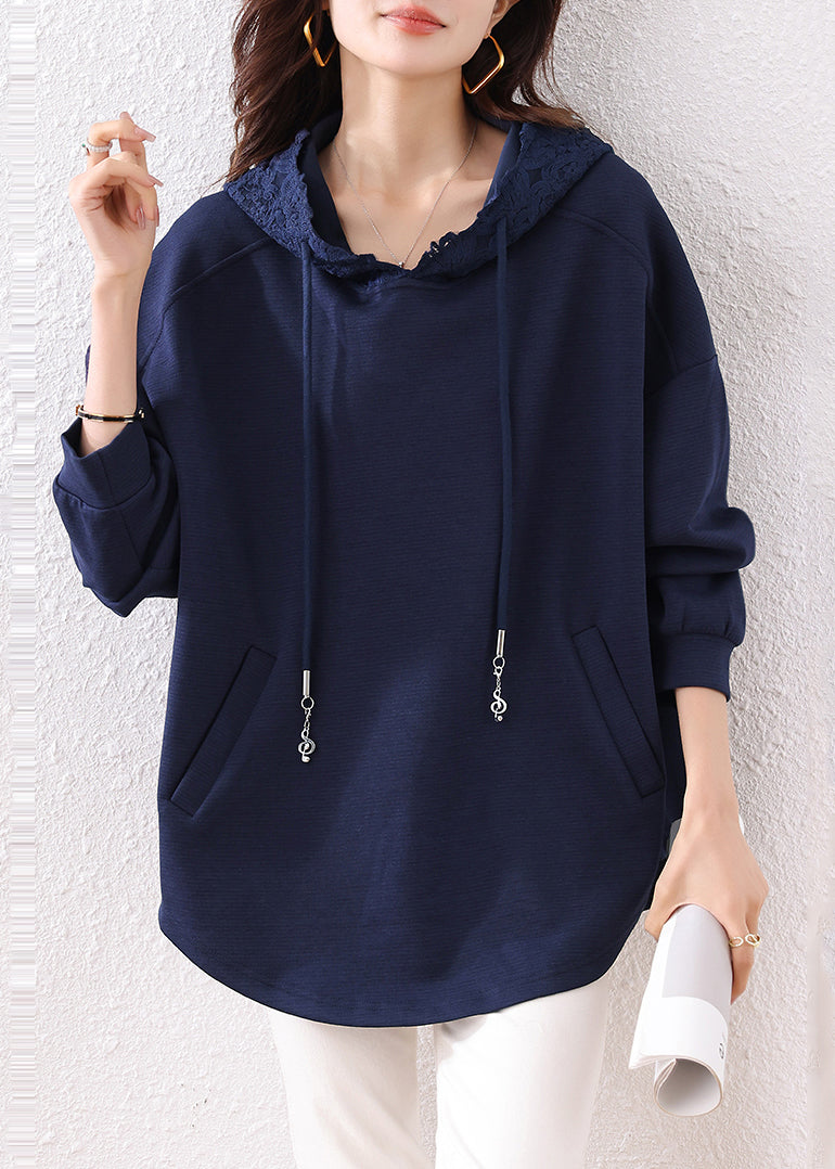 Boutique Navy Hooded Pockets Cotton Loose Sweatshirt Fall