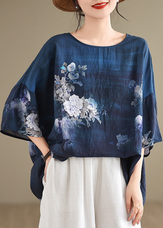 Boutique Navy O Neck Print Cotton T Shirt Top Summer