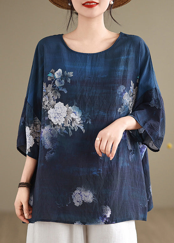 Boutique Navy O Neck Print Cotton T Shirt Top Summer