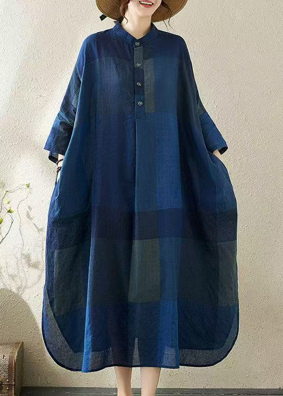 Boutique Navy Plaid Stand Collar Cotton Long Dress Fall