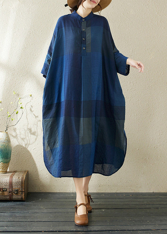Boutique Navy Plaid Stand Collar Cotton Long Dress Fall