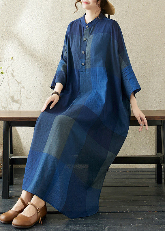 Boutique Navy Plaid Stand Collar Cotton Long Dress Fall