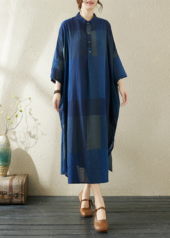 Boutique Navy Plaid Stand Collar Cotton Long Dress Fall