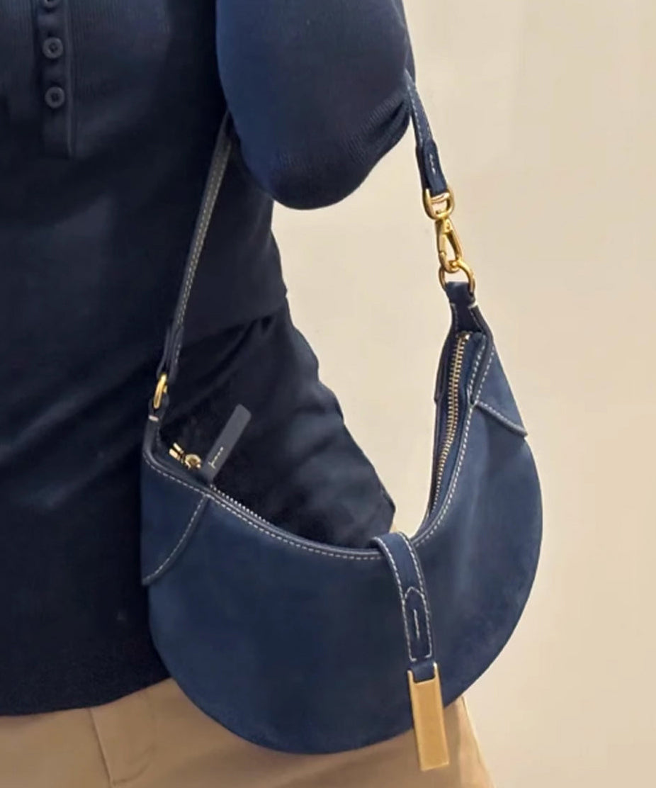 Boutique Navy Solid Durable Fine Suede Saddle Bag
