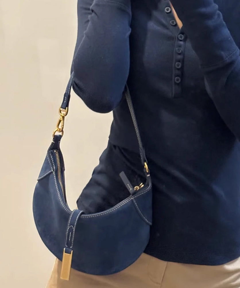 Boutique Navy Solid Durable Fine Suede Saddle Bag