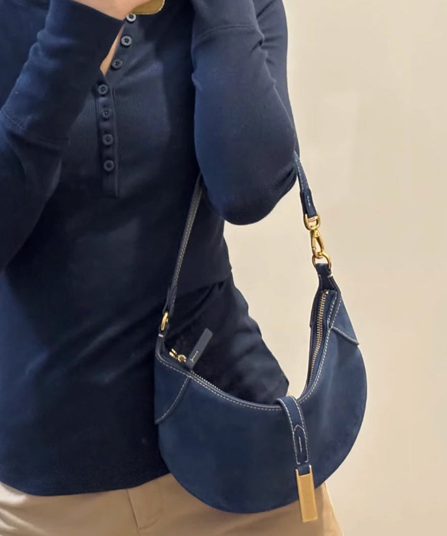 Boutique Navy Solid Durable Fine Suede Saddle Bag