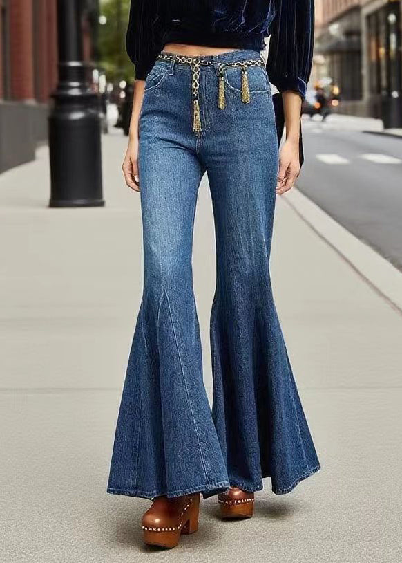 Boutique Navy Tasseled Denim Bell-bottom Trousers Fall