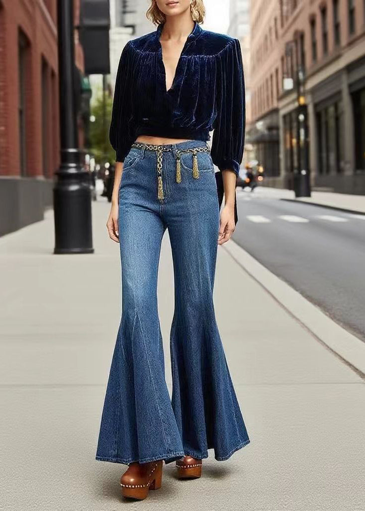 Boutique Navy Tasseled Denim Bell-bottom Trousers Fall