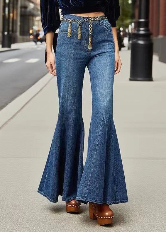 Boutique Navy Tasseled Denim Bell-bottom Trousers Fall