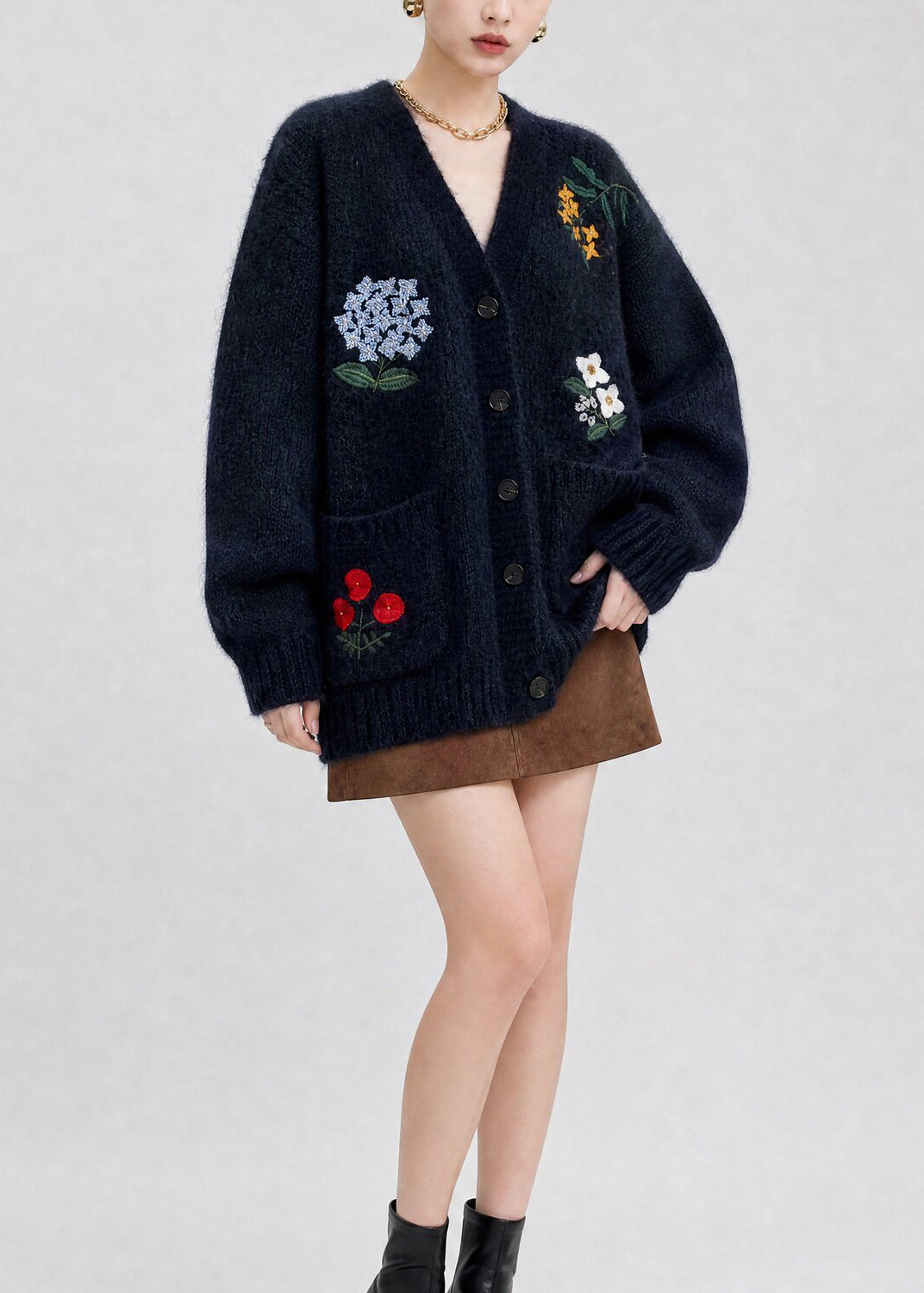 Boutique Navy V Neck Embroidered Pockets Knit Cardigans Fall