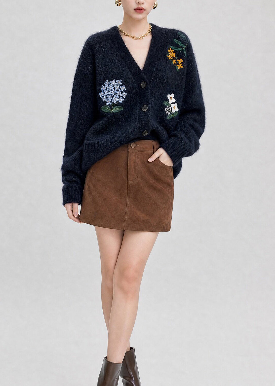Boutique Navy V Neck Embroidered Pockets Knit Cardigans Fall