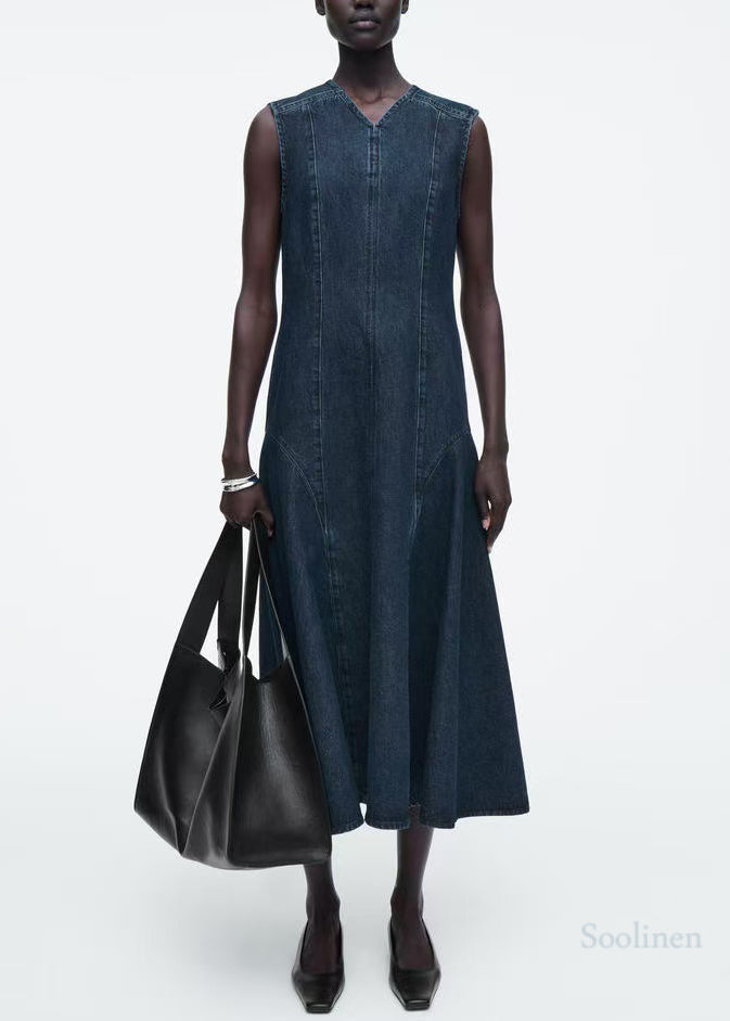 Boutique Navy V Neck Patchwork Denim Maxi Dresses Sleeveless