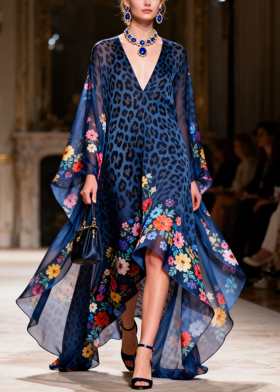 Boutique Navy V Neck Print Asymmetrical Chiffon Long Dresses Summer